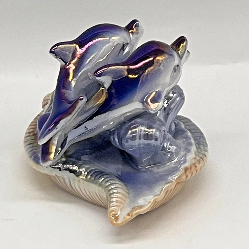 Vintage Lusterware Iridescent Porcelain Dolphins On Seashell Mirtex Trading